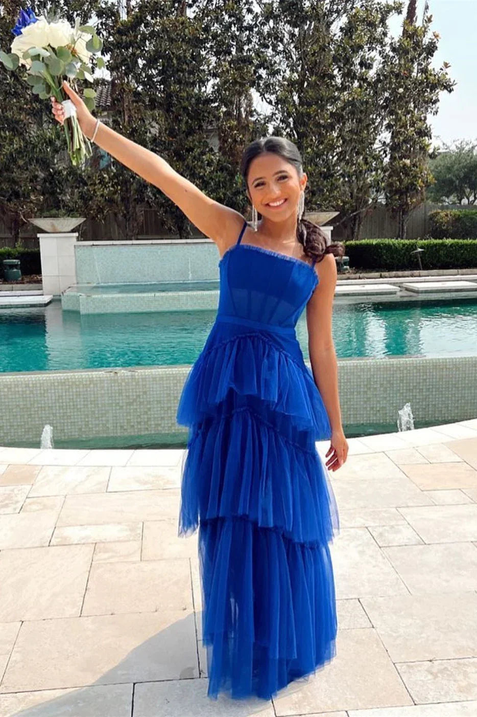 Abiti da sera a più balze per donna, abiti da ballo con volant in tulle, corpetto senza maniche, abito formale Y4210