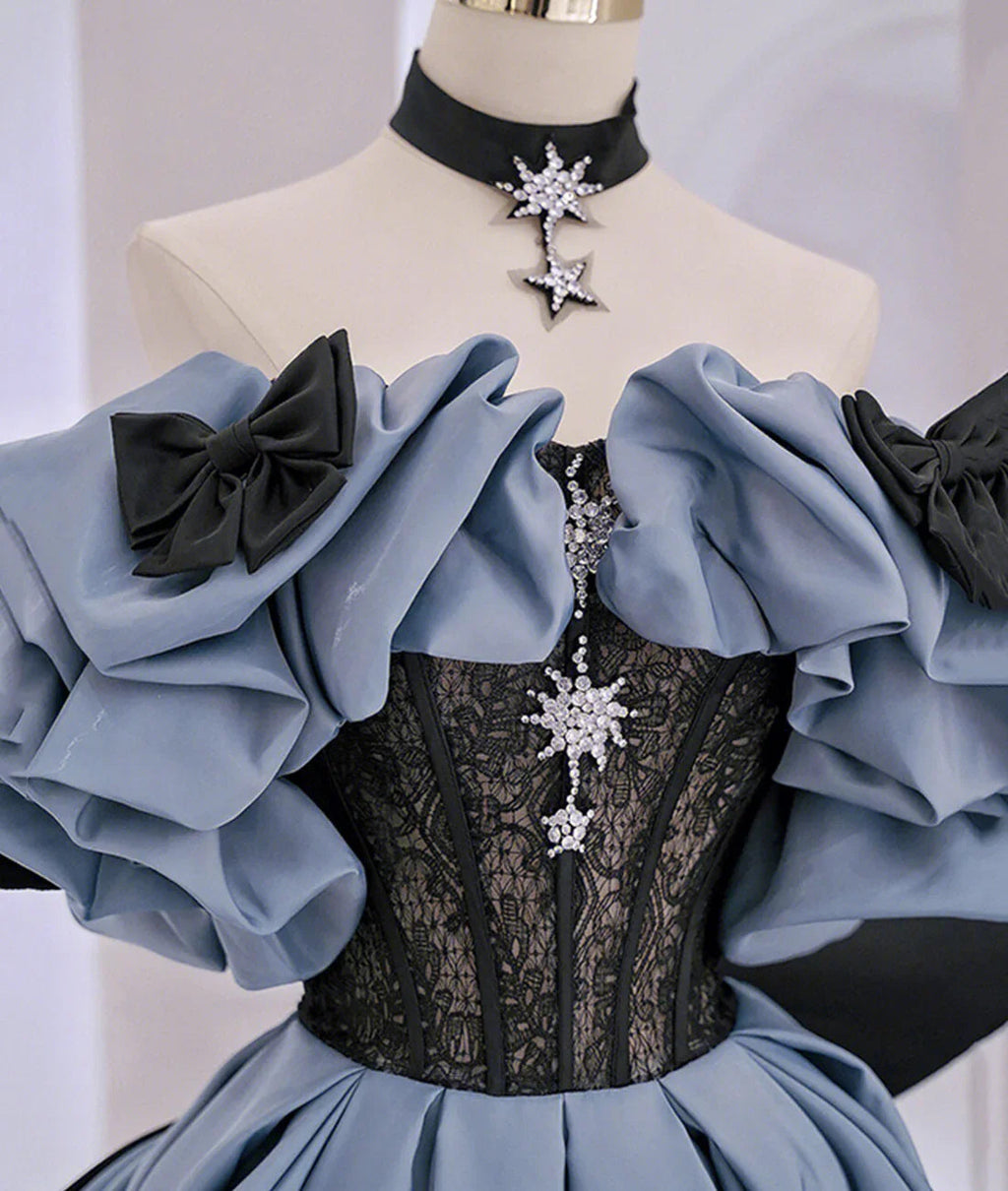 Vestido largo de fiesta con encaje de satén y hombros descubiertos, vestido de noche azul Y2619