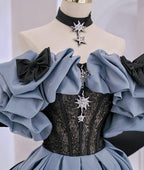 Vestido largo de fiesta con encaje de satén y hombros descubiertos, vestido de noche azul Y2619