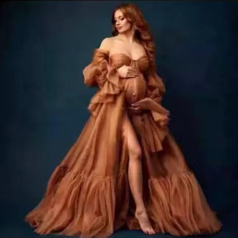 Hot-selling new soft mesh shiny long-sleeved V-neck gauze skirt maternity gauze skirt