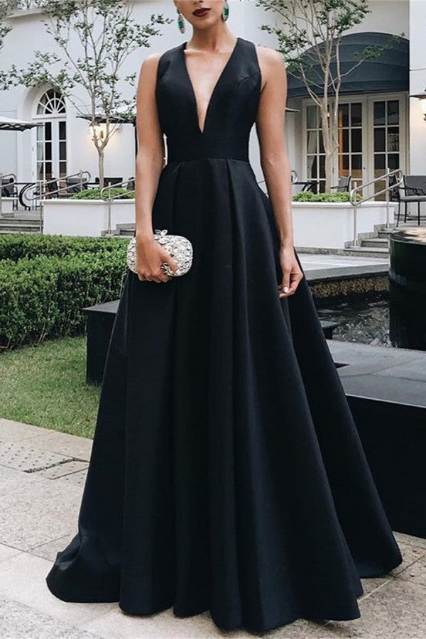 Black Deep V Neck Prom Dress Sleeveless A Line Floor Length Stretch Satin