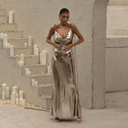 Metallic Coated Fabric Spring Summer Women Clothing off Neck Sexy Backless Slim Fit Evening Dress