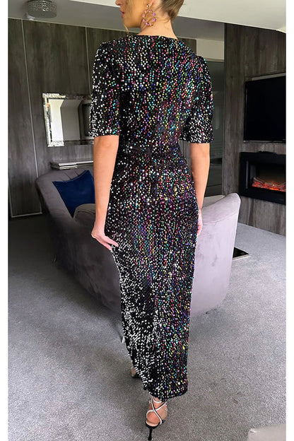 Glow All Night Pailletten-Party-Maxikleid mit Glockenärmeln und Schlitz 