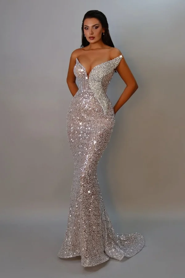 Sequin Strapless Mermaid Prom Dress With Pleated Train Custom Size And Color