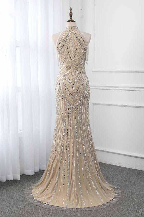 BMbridal Gorgeous High Neck Sleeveless Mermaid Prom Dress With Rhinestones