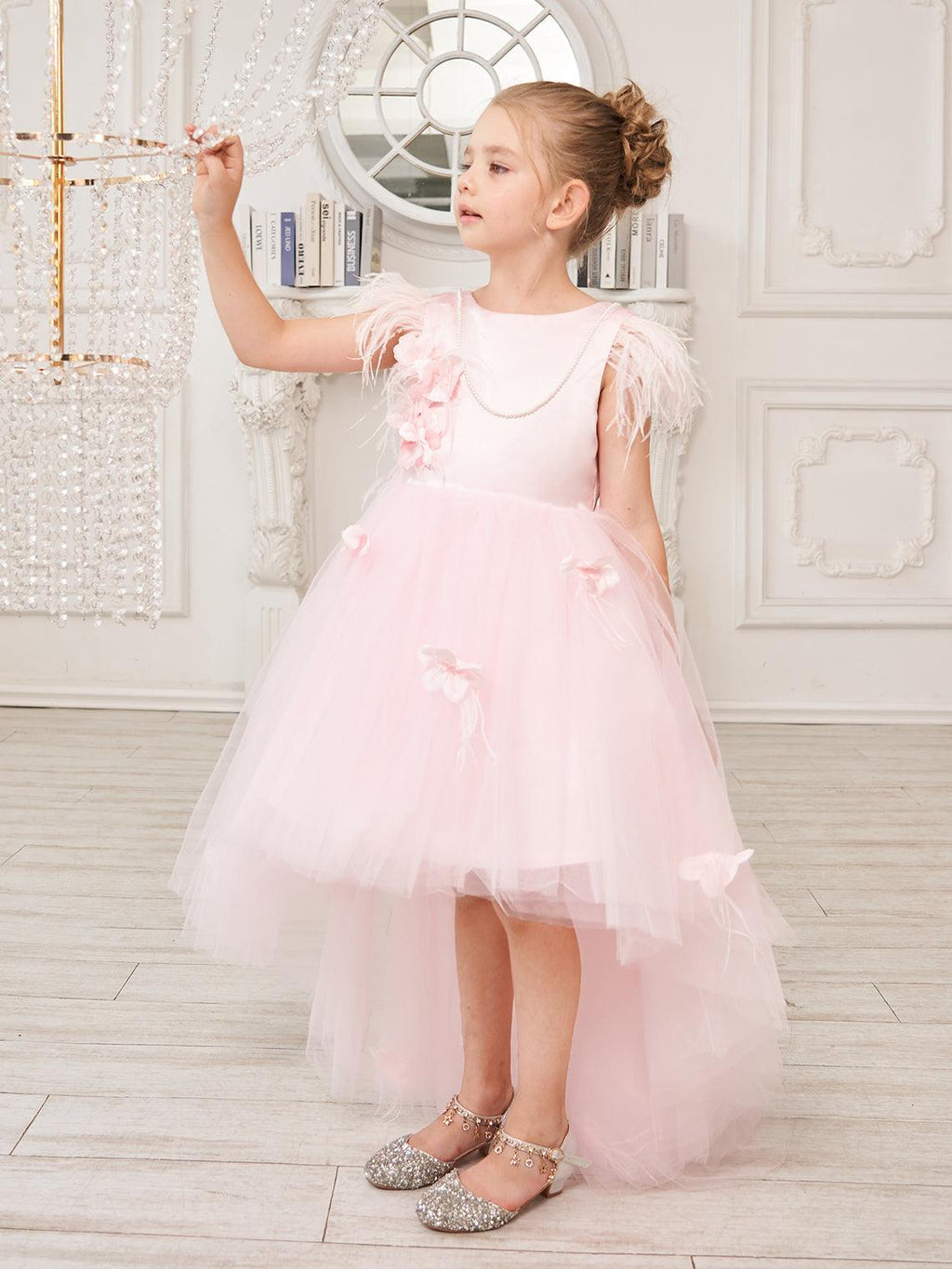 Princess Sleeveless Tulle Flower Girl Dress With Beading And Feather Bow