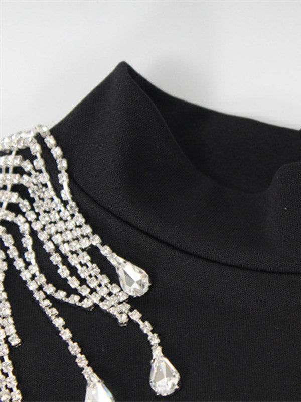 Lange Ärmel, schmaler Rücken, gekreuzte Schlitze an den Seiten, mit Quasten, hoher Halsausschnitt, Abendkleider, Midi-Kleider 