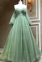 Vestidos Formais com Mangas Bufantes de Tule Verde Brilhante Vestido de Noite Longo Verde Corte em A Y7981