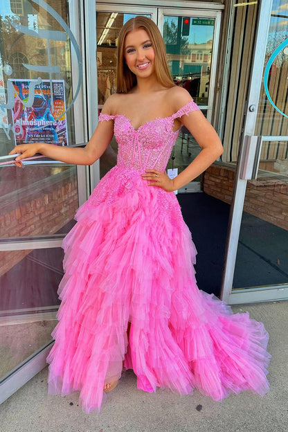 Vestido de fiesta largo de tul rosa con volantes y apliques, hombros descubiertos, de Roycebridal