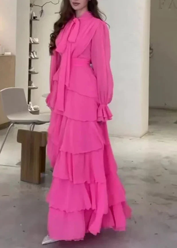 Abito lungo da sera elegante a strati in chiffon con balze per festa e ballo Y7617