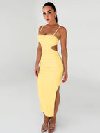 Tossy Women's Backless Cut Out Bodycon Maxi Dress Fashion Sleeveless Spaghetti Strap Ruched Side Slit Hem Evening Dress Female