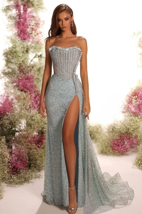 Strapless Sleeveless Prom Dress With Pleated Sequins And Long Split
