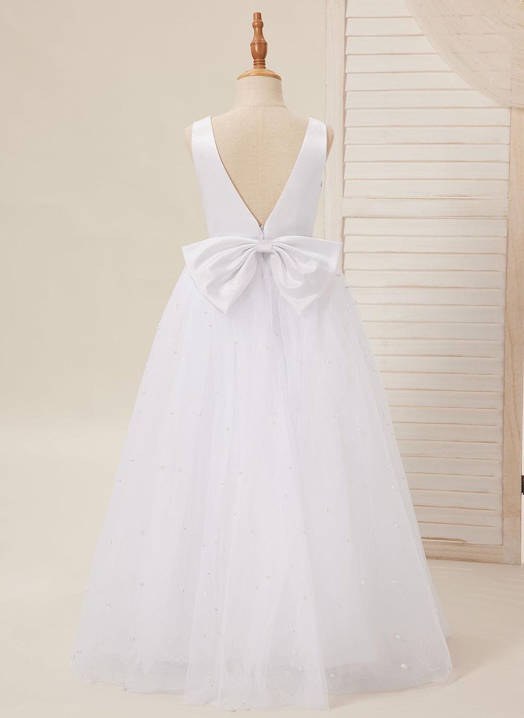 Floor Length V Neck Satin Tulle Princess Flower Girl Dress