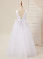 Floor Length V Neck Satin Tulle Princess Flower Girl Dress