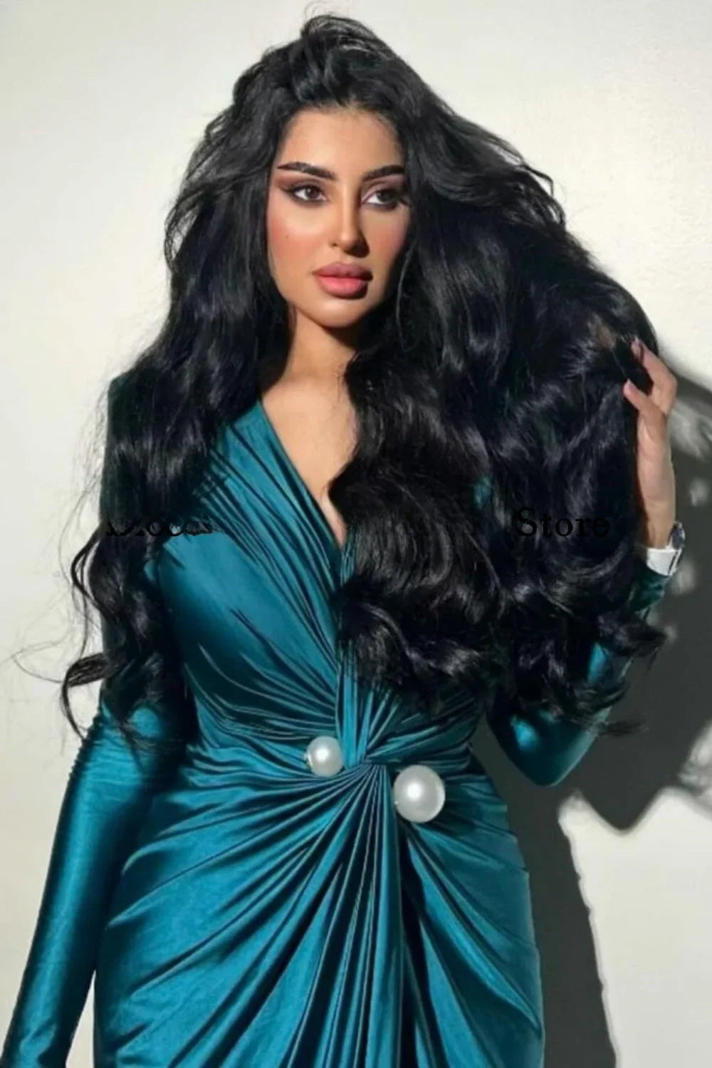 Vestido Formal de Festa de Noite Elegante para Mulher, Comprido até ao Chão, com Decote em V, Mangas Compridas, Pérolas e Franzidos, para Casamento e Baile