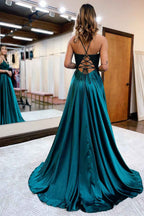 Dark Green Satin A-Line Appliqued Prom Dress With Side Slit For Formal Evening Party Occasions