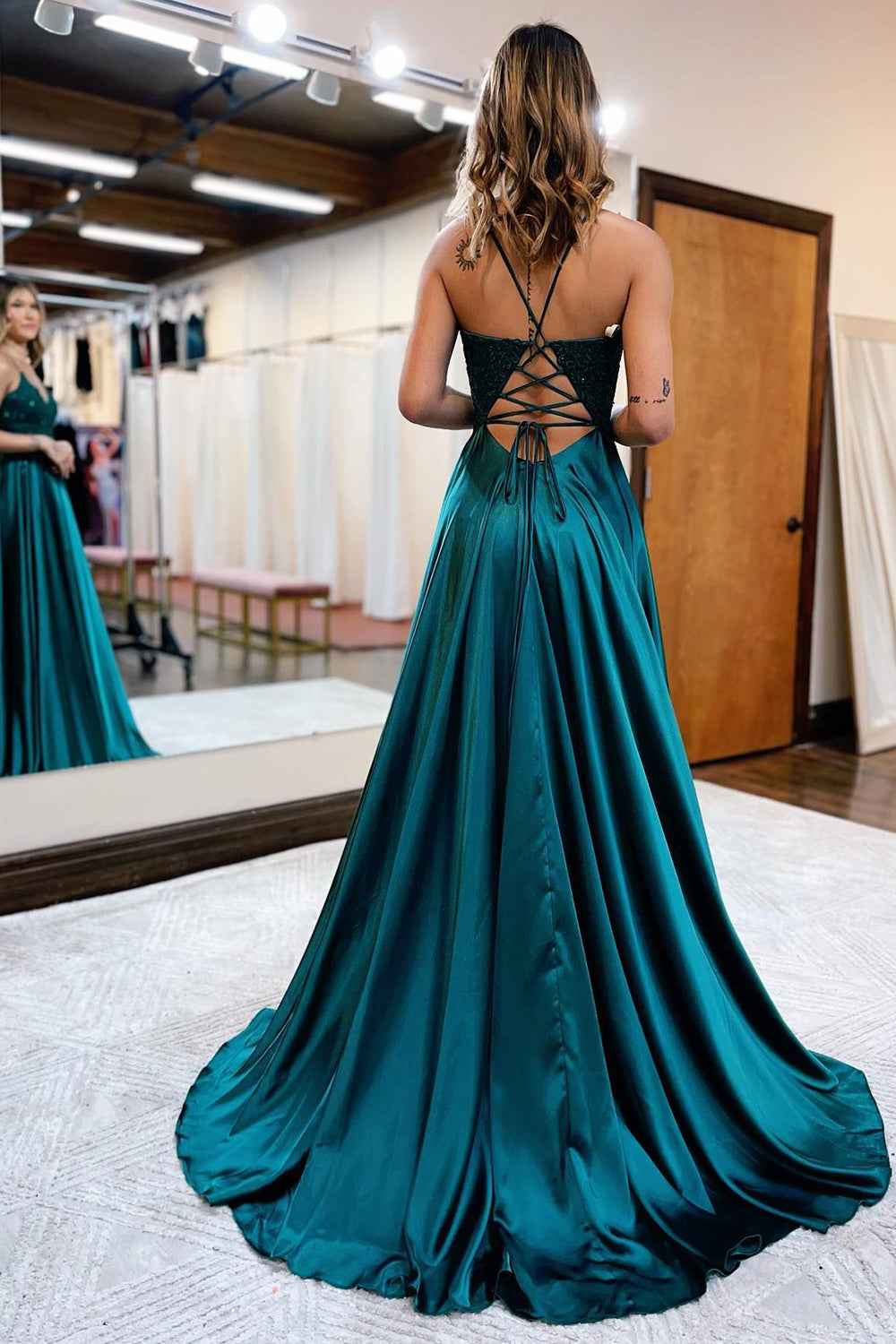 Dark Green Satin A-Line Appliqued Prom Dress With Side Slit For Formal Evening Party Occasions