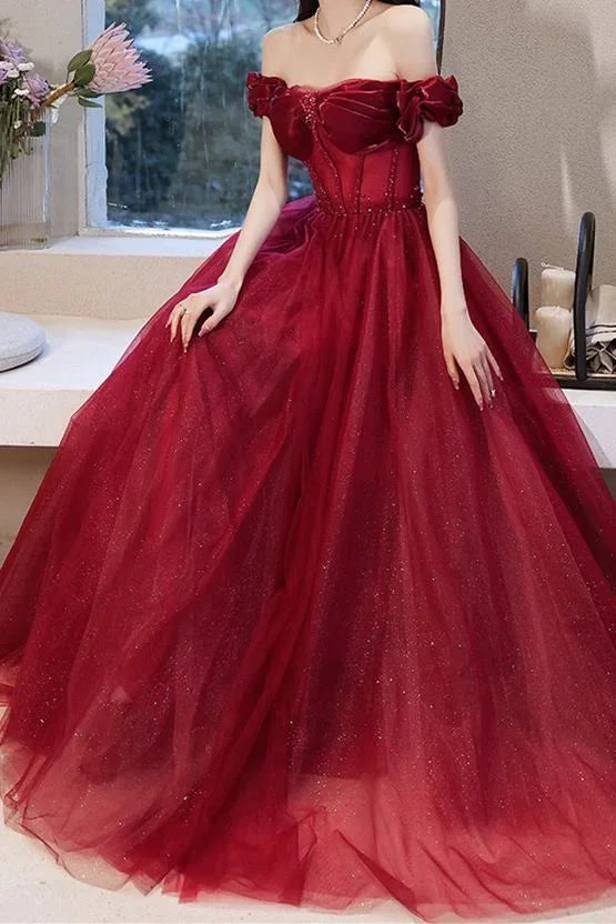 Rosa Tüll Perlenbesetztes Prinzessin-Abendkleid mit Carmenausschnitt Ballkleid Festkleid Y7584