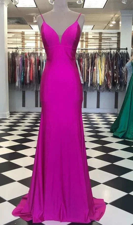 Vestido de Festa Elegante de Alças Finas Fúcsia Estilo Sereia Y730
