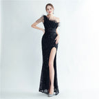 Heavy Industry Ostrich Hair Craft Beading Evening Dress with Side Slit