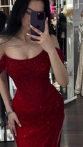 Sequins Off Shoulder Sleeveless Long Prom Dress With Slit Custom Color Available