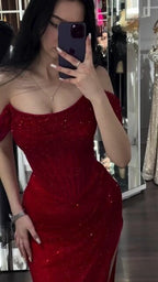 Sequins Off Shoulder Sleeveless Long Prom Dress With Slit Custom Color Available