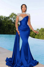 Bmbridal Purple Long Sleeves Mermaid Ruffle Gown With Crystals