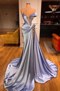 Mermaid Off The Shoulder Sleeveless Beaded Prom Dress With Slit