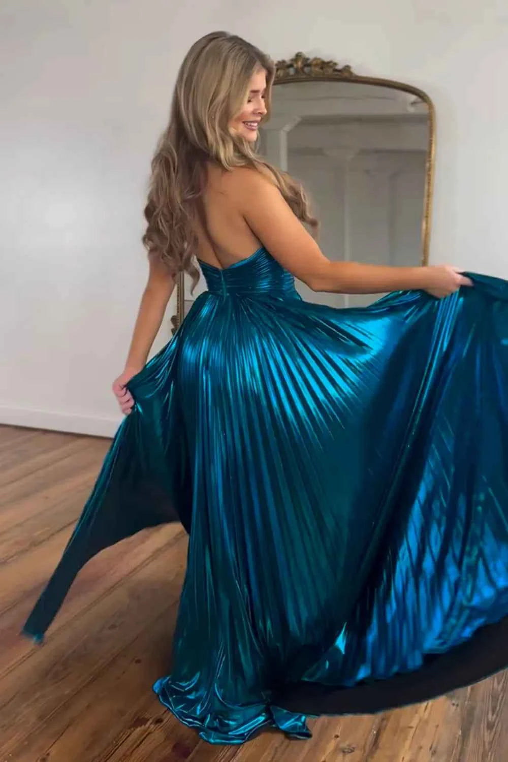 Metallic Blush A-Line Pleated Long Prom Dress Halter Neck Party Gown With Side Slit