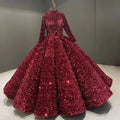 Vestido largo burdeos de gala con lentejuelas y mangas largas para quinceañera Y4442