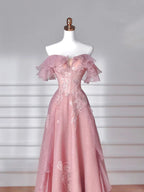 Abito da sera lungo rosa dolce in tulle con paillettes e perline, linea a trapezio, scollatura a spalle scoperte Y8643