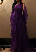 Vestido de Festa Roxo Sedutor com Um Ombro, Renda, Fenda e Folhos Y7767