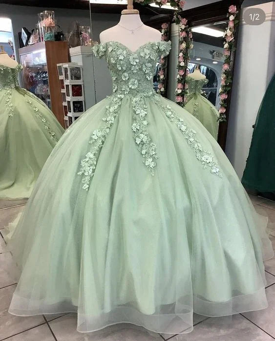 Abito da ballo verde salvia con spalle scoperte e fiori Abito per sedicesimo compleanno Quinceañera Y4342