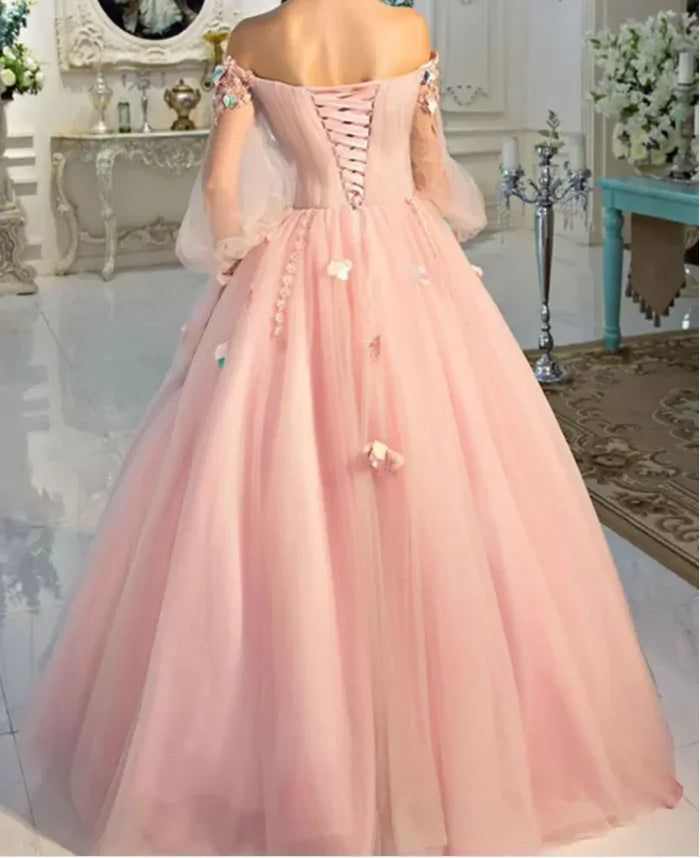 Abito da Ballo Manica Lunga, Abito da Ballo Lungo Fiabesco Floreale Rosa Perla S24387