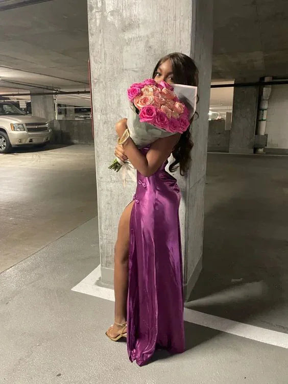 Abito da sera femminile senza maniche con spalline sottili e spacco Y4275