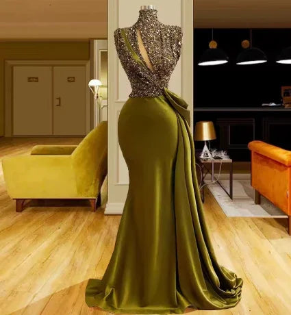 Vestidos vintage de noite com gola alta, vestidos longos brilhantes vintage, vestidos elegantes de noite Y390