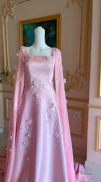 Robe de soirée longue en satin rose luxueux coupe évasée avec jolies appliques robe de bal Y7591