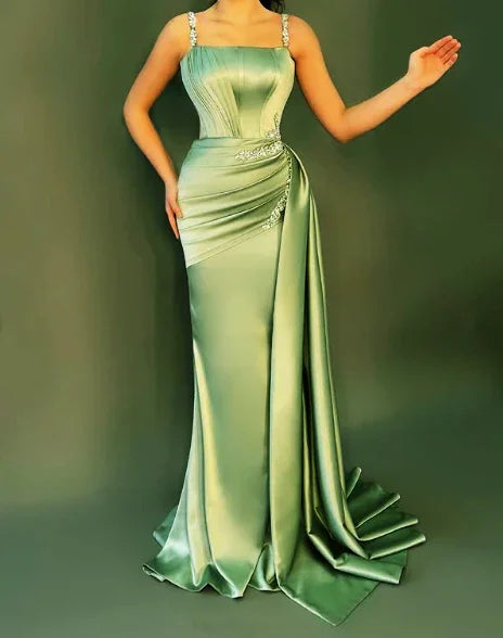 Abito da sera elegante blu con spalline sottili, raso perline, modello sirena, abito da ballo Y8537