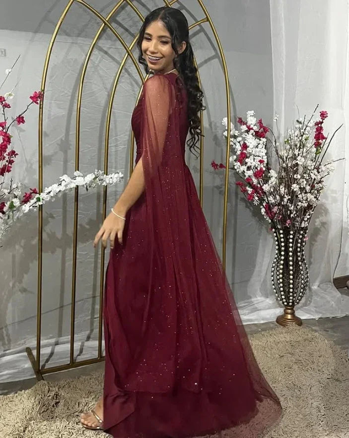 Elegante abito da sera bordeaux con una spalla, tulle e paillettes, spacco, vestito da ballo Y7826