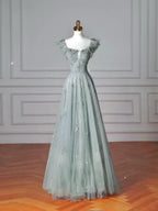 Vestito da sera a linea A con scollo quadrato verde chiaro, tulle e perline, abito da ballo Y8612