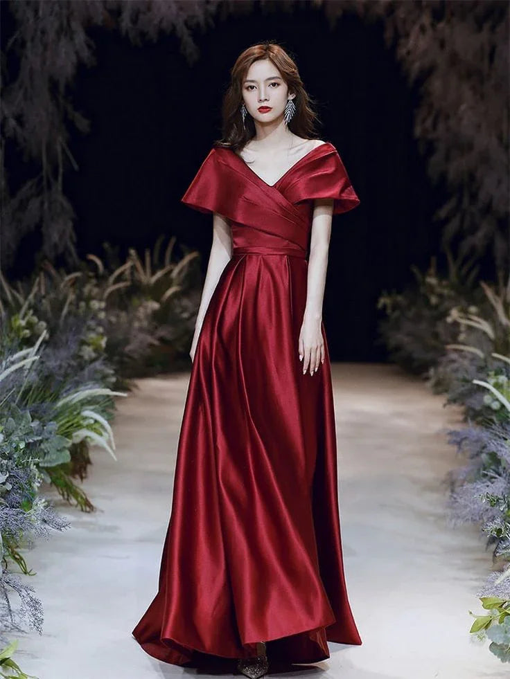 Vestido de noite em linha A, decote em V, vestido de baile curto com mangas curtas, vestido longo de cetim formal para mulher, vestido feito à medida Y4574