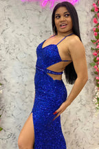 Abito lungo formale da sera sirena con paillettes blu reale, schiena scoperta, modello Y1695