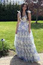 Robe longue de bal à imprimé floral bleu en ligne A Robe de soirée bleue Y2560