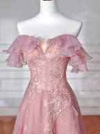 Abito da sera lungo rosa dolce in tulle con paillettes e perline, linea a trapezio, scollatura a spalle scoperte Y8643