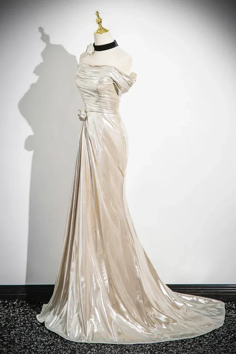 Vestido de Festa de Cetim com Ombros Descobertos e Brilho Encantador, Modelo Sereia Y8202