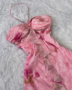 Abito da sera rosa chiffon con stampa floreale, volant, scollo all'americana, modello sirena, abito da ballo Y8306