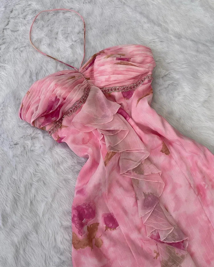 Abito da sera rosa chiffon con stampa floreale, volant, scollo all'americana, modello sirena, abito da ballo Y8306