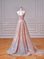 Abito da sera rosa scintillante con paillettes, corpino allacciato al collo, gonna a ruota in tulle modello A Y8608