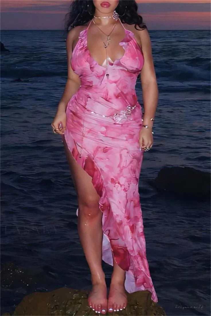 Vestido de noite rosa com folhos, chiffon estampado, alças ao pescoço, fenda lateral, vestido de baile Y8256