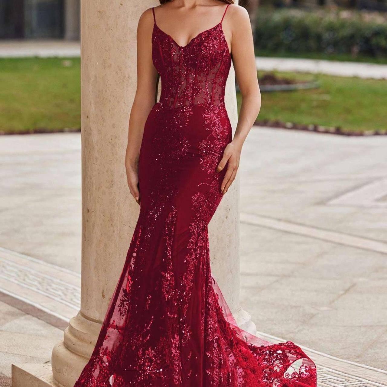 Incantevole abito da sera rosso con applicazioni di pizzo a sirena, abito da ballo invernale Y4345